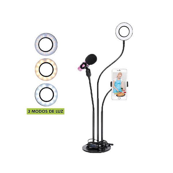 RING LIGHT 3,5 POLEGADAS COM SUPORTE PARA SMARTPHONE E MICROFONE ARTICULADO X-CELL XC-RL-03