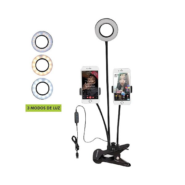 RING LIGHT 3,5 POLEGADAS COM SUPORTE PARA 2 SMARTPHONE ARTICULADO X-CELL XC-RL-02