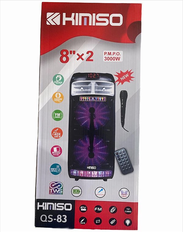 CAIXA DE SOM 8"X2 P.M.P.O BT 5.0 16W TWS KIMISO QS-83