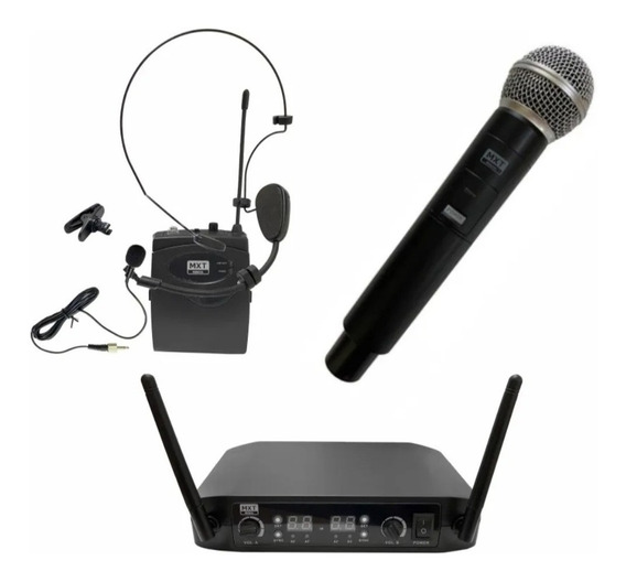 MICROFONE SEM FIO DUPLO DE MAO + HEADSET/LAPELA - PLL 100 CANAIS - UHF-526M/BP