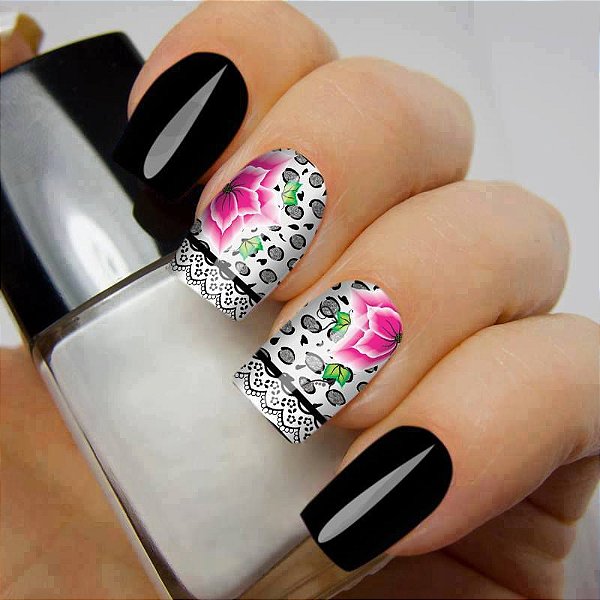 Películas ou Adesivos decorados para unhas  Onça Preta Branca Floral