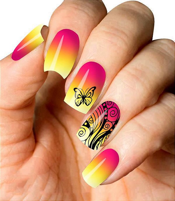 Películas ou Adesivos decorados para unhas  Degradê Rosa Amarelo Abstrato