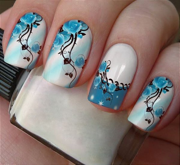 Películas ou Adesivos decorados para unhas  Degradê Azul Floral