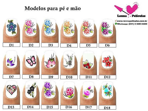 216 Películas de unhas Inspiradas em modelos Artesanais - 18 Cartelas