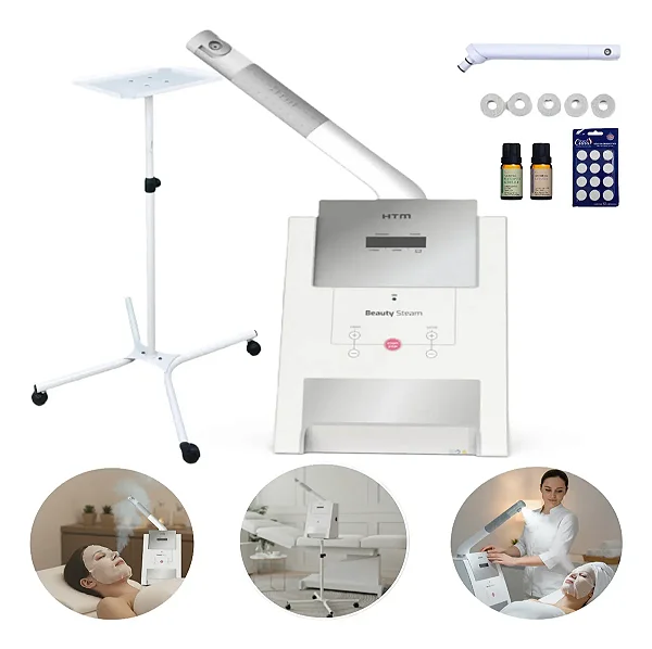 Vapor de Ozônio Facial Profissional HTM Beauty Steam com Aromaterapia e Carrinho para Estética