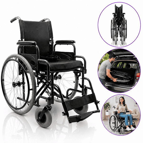 Cadeira de Rodas Dobrável Dellamed D400 até 120kg Aço Carbono com Rodas Removíveis e Almofada