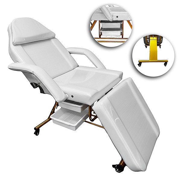 Poltrona Maca Fixa Reclinável Soft Branca Plastificada base Dourado Com 2 Bandejas - Akmed