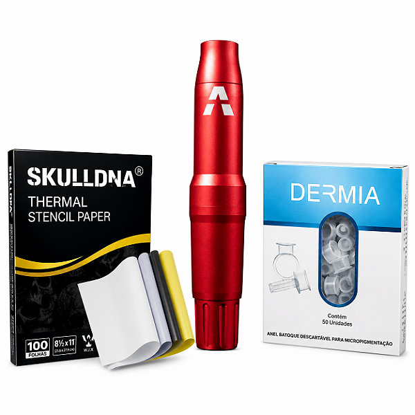 Pen Adapt Maquina Rotativa De Tatuagem VERMELHO + BATOQUES + PAPEL THERMAL