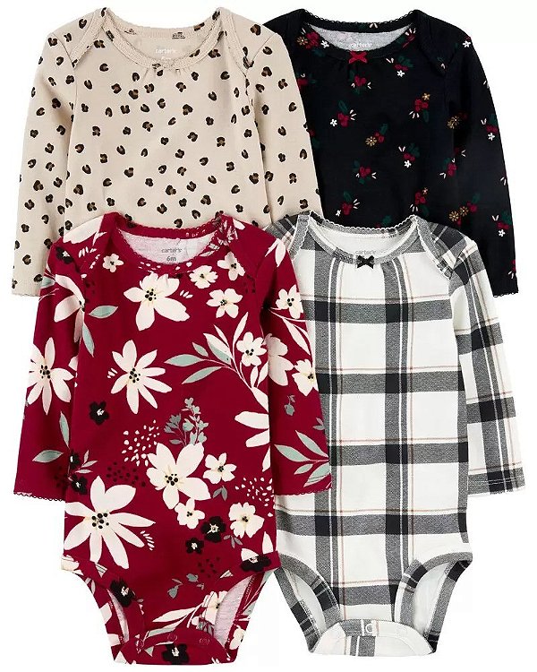 KIT 4 BODIES MANGA LONGA CARTER'S - FLORAL - MENINA