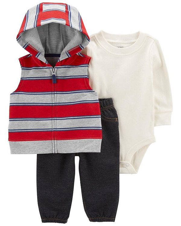 CONJUNTO COLETE 3 PEÇAS CARTER'S - LISTRAS VERMELHO E CINZA - MENINO