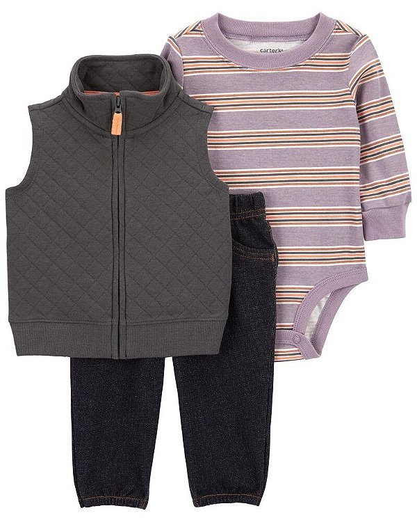 CONJUNTO COLETE 3 PEÇAS CARTER'S - LISTRAS CINZA - MENINO