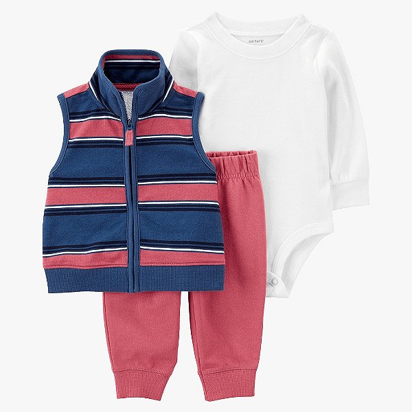 CONJUNTO COLETE 3 PEÇAS CARTER'S - LISTRAS VERMELHAS - MENINO