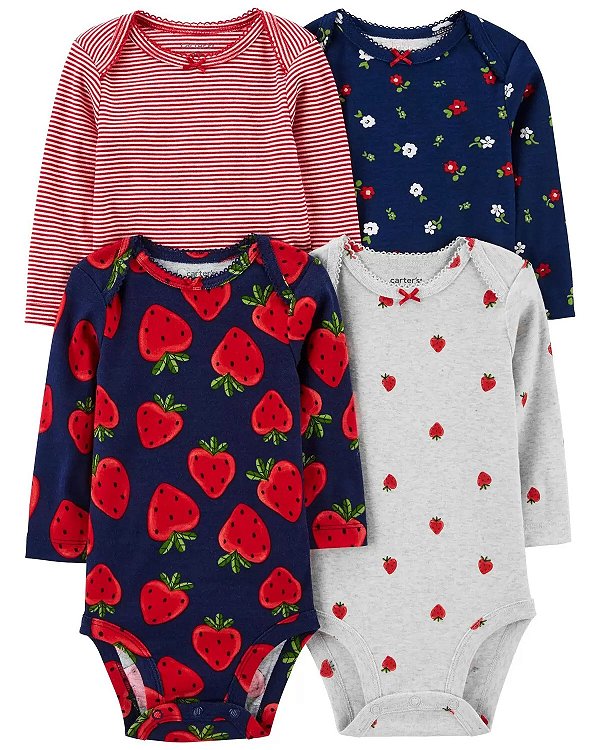 KIT 4 BODIES MANGA LONGA CARTER'S - MORANGO - MENINA