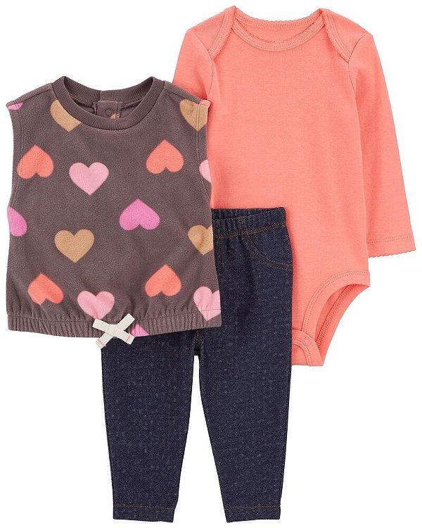 CONJUNTO COLETE FLEECE 3 PEÇAS CARTER'S - CORAÇÃO - MENINA