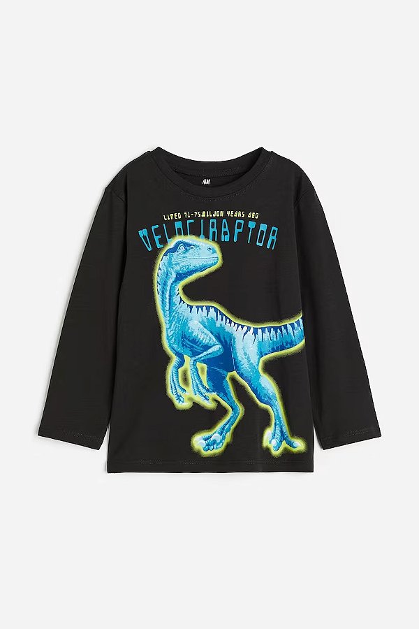 CAMISETA MANGA LONGA H&M - PRETA VELOCIRAPTOR - MENINO