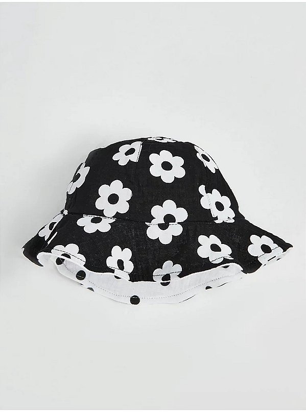 CHAPÉU BUCKET DUPLA FACE GEORGE BABY - FLORAL PRETO E BRANCO - MENINA
