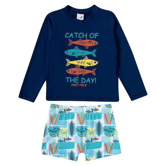 CONJUNTO 2 PEÇAS MODA PRAIA TIP TOP KIDS - PEIXINHOS - PROTEÇÃO UV50+ - MENINO