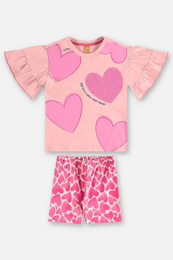 CONJUNTO VERÃO 2 PEÇAS UP BABY - CORAÇÃO ROSA - MENINA