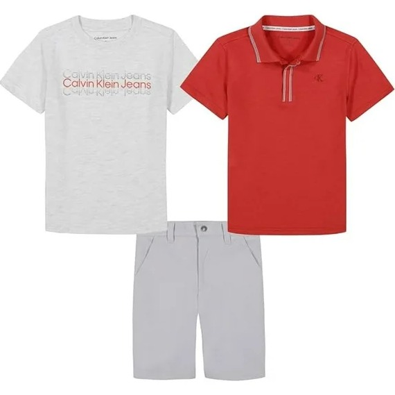 CONJUNTO 3 PEÇAS VERÃO CALVIN KLEIN - BASIC VERMELHO E CINZA - MENINO