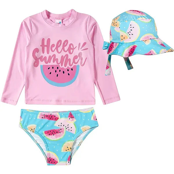 MODA PRAIA CONJUNTO 3 PEÇAS- TIP TOP - MELANCIA SUMMER - PROTEÇÃO UV50+ - MENINA