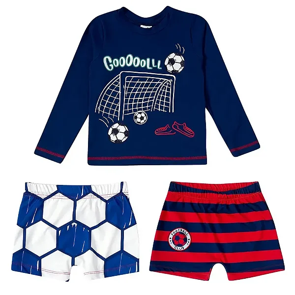 MODA PRAIA CONJUNTO 3 PEÇAS TIP TOP - FOOTBALL - PROTEÇÃO UV50+ - MENINO