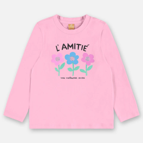 CAMISETA MANGA LONGA UP BABY KIDS - FLORES ROSA - MENINA