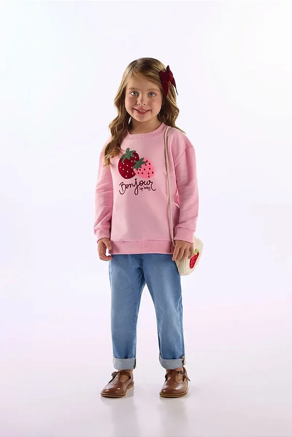 MOLETOM FLANELADO UP BABY - MORANGUINHOS ROSA - MENINA