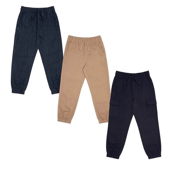 KIT 3 CALÇAS JOGGER PEKKLE - MARINHO BEGE E JEANS - MENINO