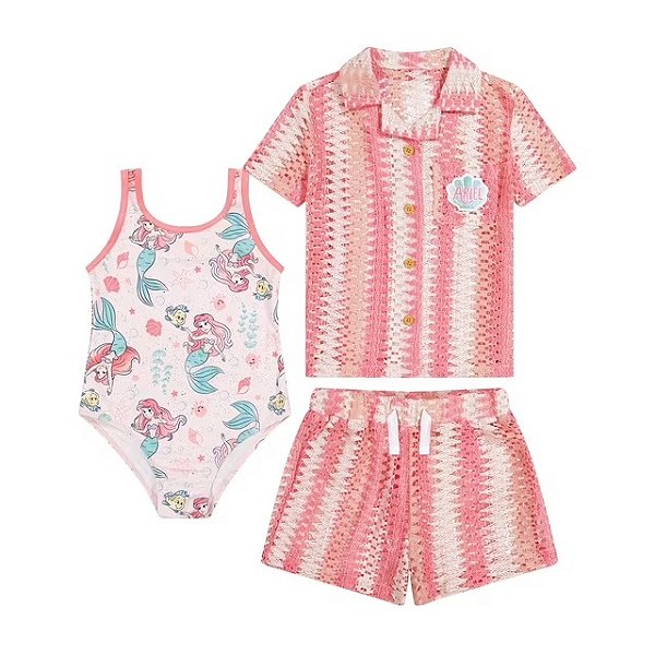 MODA PRAIA CONJUNTO 3 PEÇAS DISNEY - PRINCESA ARIEL - PROTEÇÃO UV50+ - MENINA
