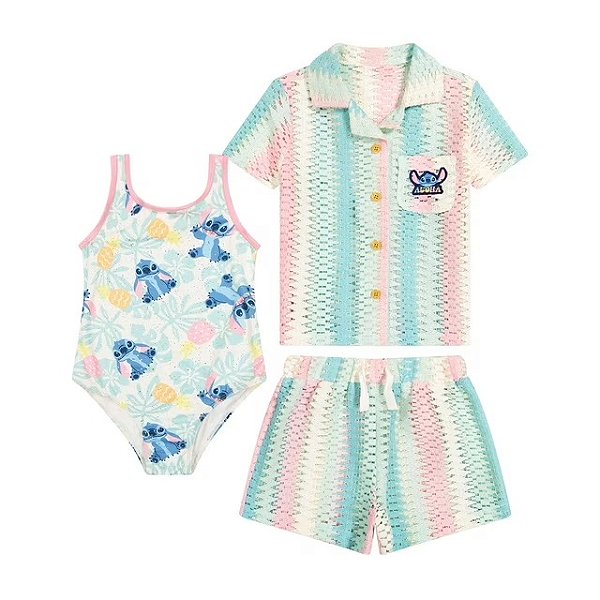 MODA PRAIA CONJUNTO 3 PEÇAS DISNEY - STITCH - PROTEÇÃO UV50+ - MENINA
