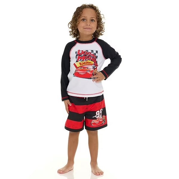 MODA PRAIA CONJUNTO 2 PEÇAS DISNEY - MC QUEEN - PROTEÇÃO UV50+ - MENINO