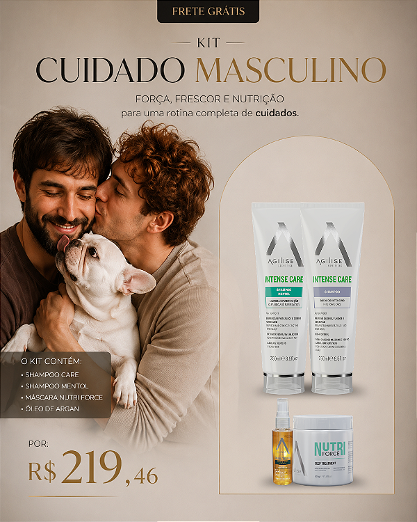 Kit Cuidado Masculino: SHAMPOO CARE, SHAMPOO MENTOL, MÁSCARA NUTRI FORCE, ÓLEO DE ARGAN