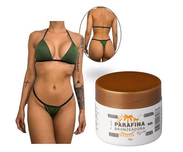 KIT Parafina Bronzeadora Gold Lorkin 30G Com Biquíni de Fita Verde Militar Lorkin