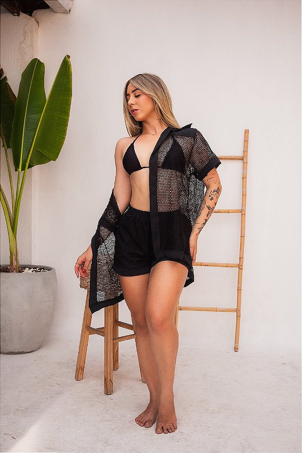 CONJUNTO SHORT + KIMONO EM TELINHA (preto)