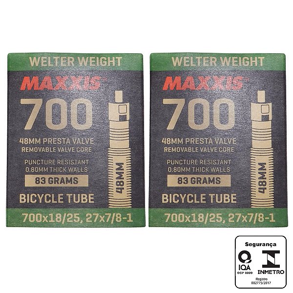 Kit 2 Câmaras Maxxis WELTER WEIGHT 700x18/25c / 27x7/8-1 Válvula Presta 48mm Preto