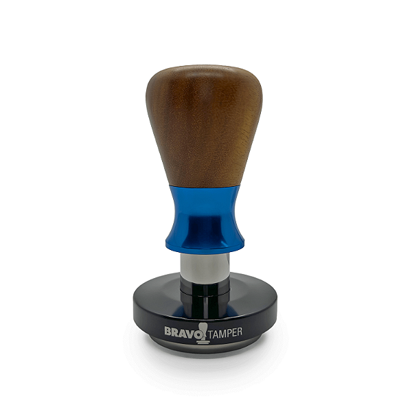 Tamper Bravo de Madeira Amarelinha | Punho Azul | Base Preto Brilho
