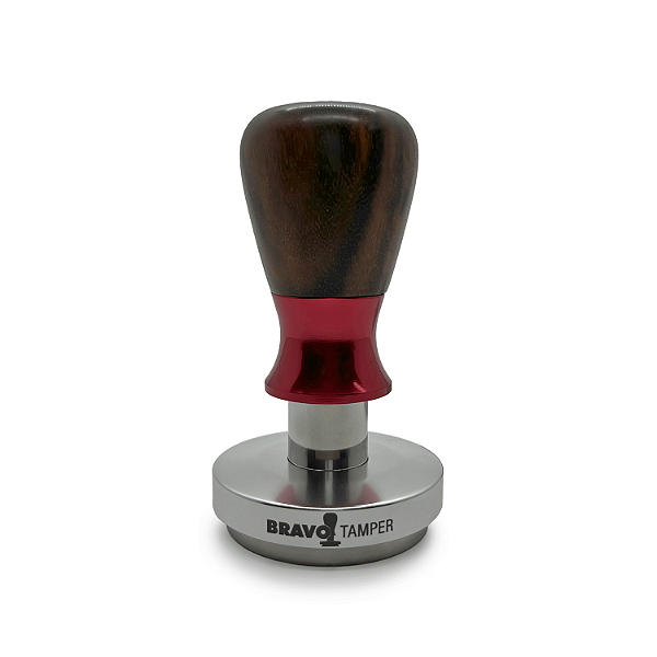 Tamper Bravo de Madeira Angico Preto | Punho Vermelho | Base Prata