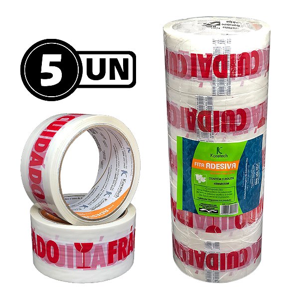 Kit 5 Un Fitas Adesivas 48x50 Branca Cuidado Frágil 2215 Koretech