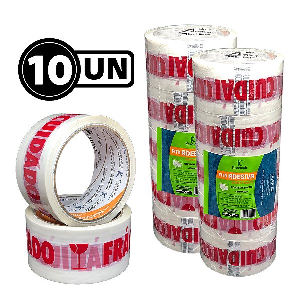 Kit 10 Un Fitas Adesivas 48x50 Branca Cuidado Frágil 2215 Koretech