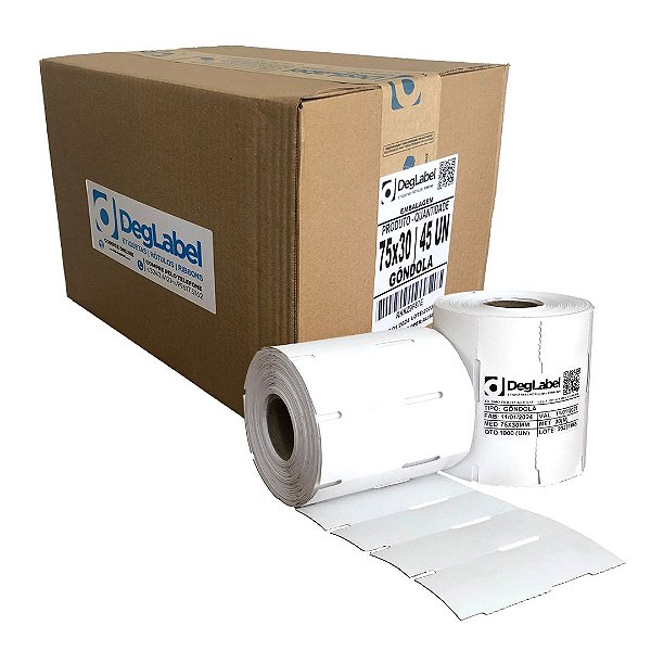 Cx 45 Un Rolos Etiqueta Gondola 75x30mm Branca 1000UN (30M) Tub 1"
