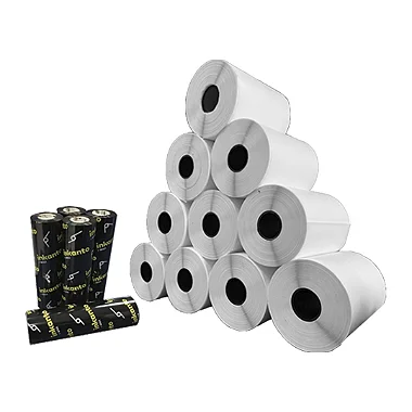 Kit 10 Un Rolos Etiqueta 50X30mm Couchê Adesiva + 5 Ribbons Cera