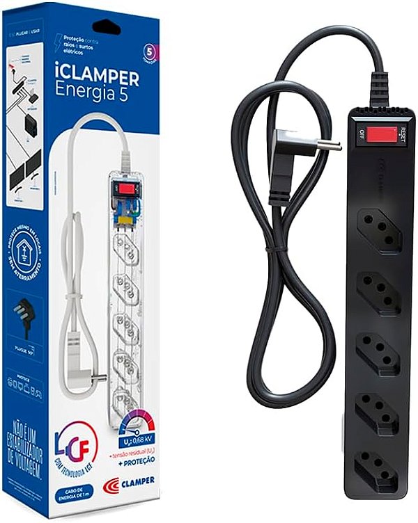 Filtro de Linha iClamper Preto - 5 Tomadas - LCF e DPS
