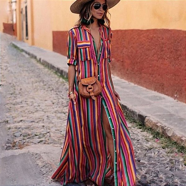 vestido longo com listras