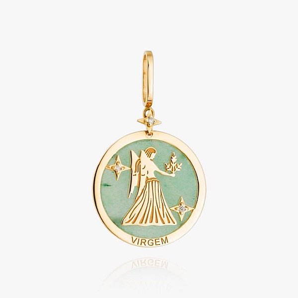 Pingente Medalha Zodíaco Virgem em Ouro 18K com Diamantes e Quartzo precioso natural.