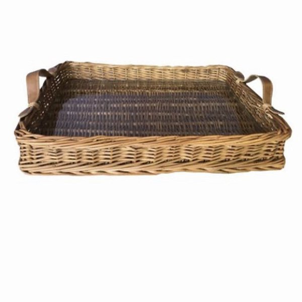 Bandeja de vime com alça de couro marrom P