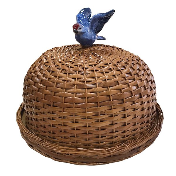 Boleira de vime com pássaro azul