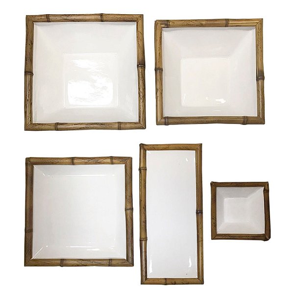 Kit travessas para servir em ceramica e bambu natural