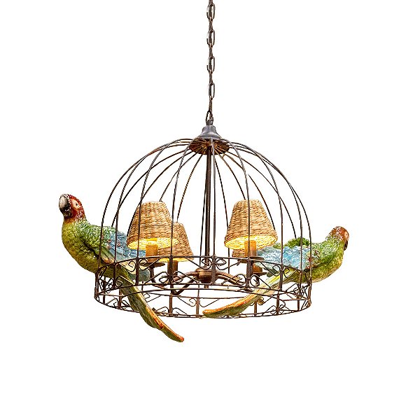 Lustre Gaiola com Papagaios Coloridos