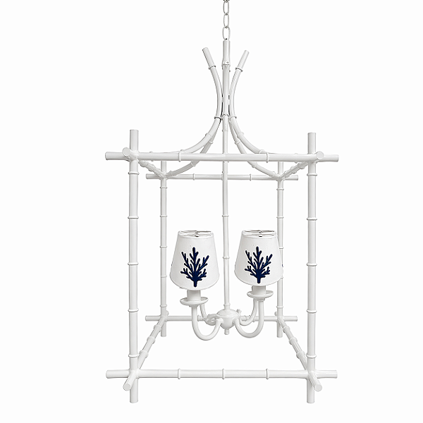Lustre gaiola off white com cúpulas bordadas coral azul