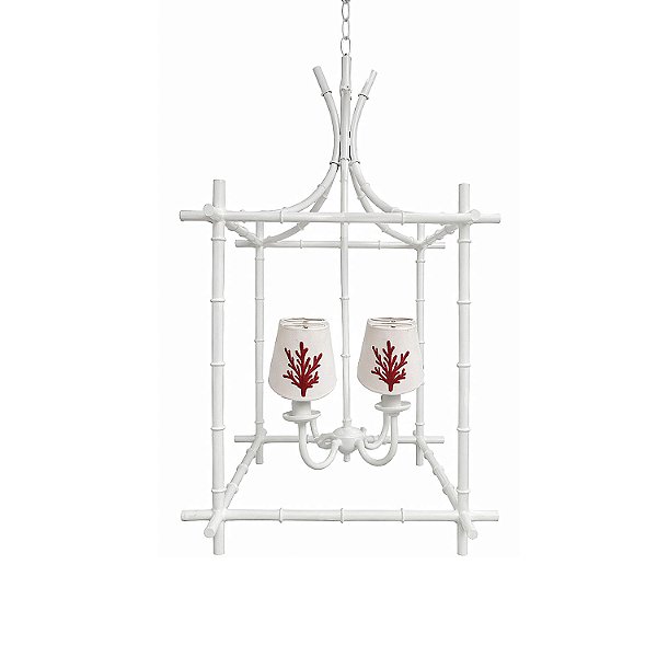 Lustre gaiola off white com cúpulas bordadas coral vermelho